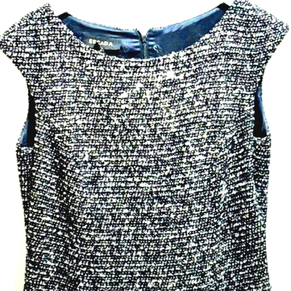 ESCADA 10/40 TWEED WOOL COTTON POLY BLEND BOUCLE LACE BLACK WHITE SHEATH DRESS - Picture 5 of 9
